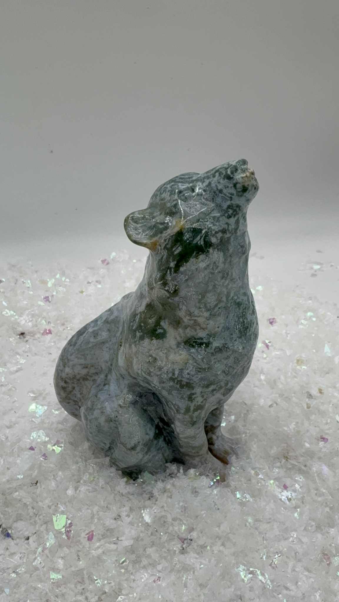 Moss Agate Wolf Carving
