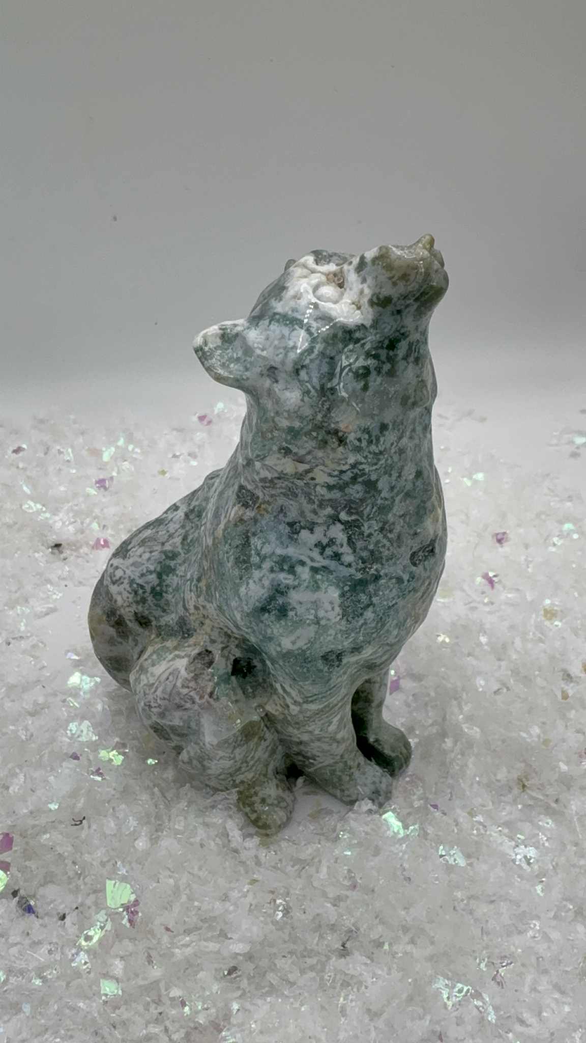 Moss Agate Wolf Carving