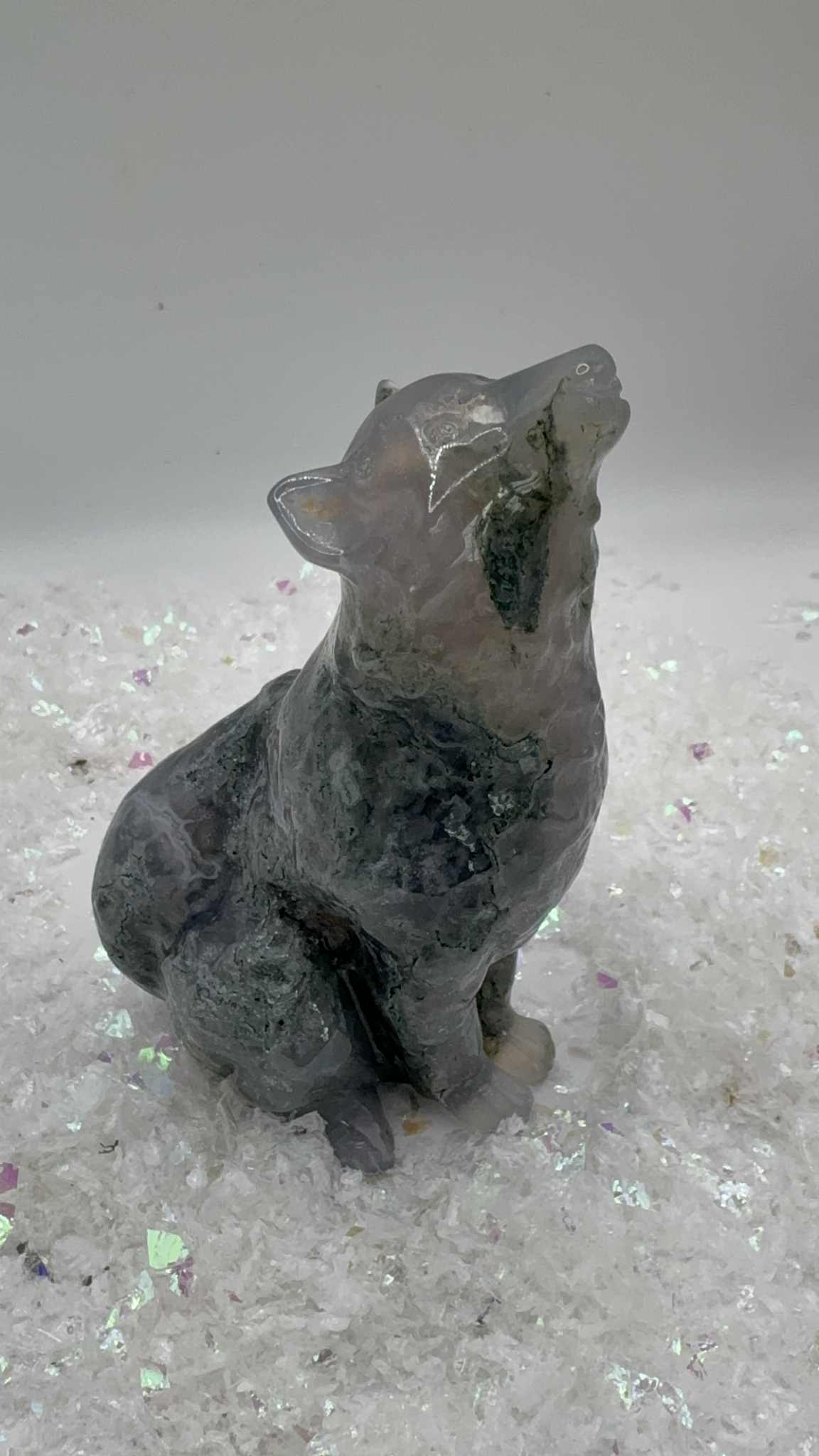 Moss Agate Wolf Carving
