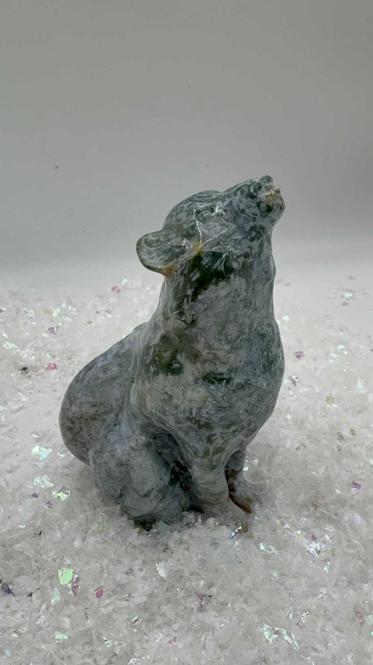 Moss Agate Wolf Carving