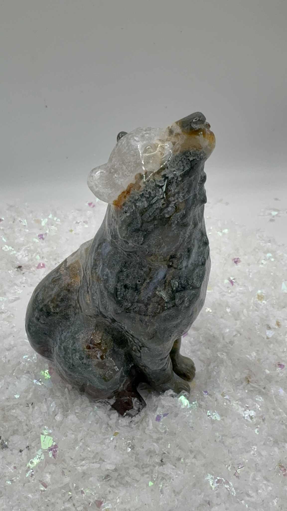 Moss Agate Wolf Carving